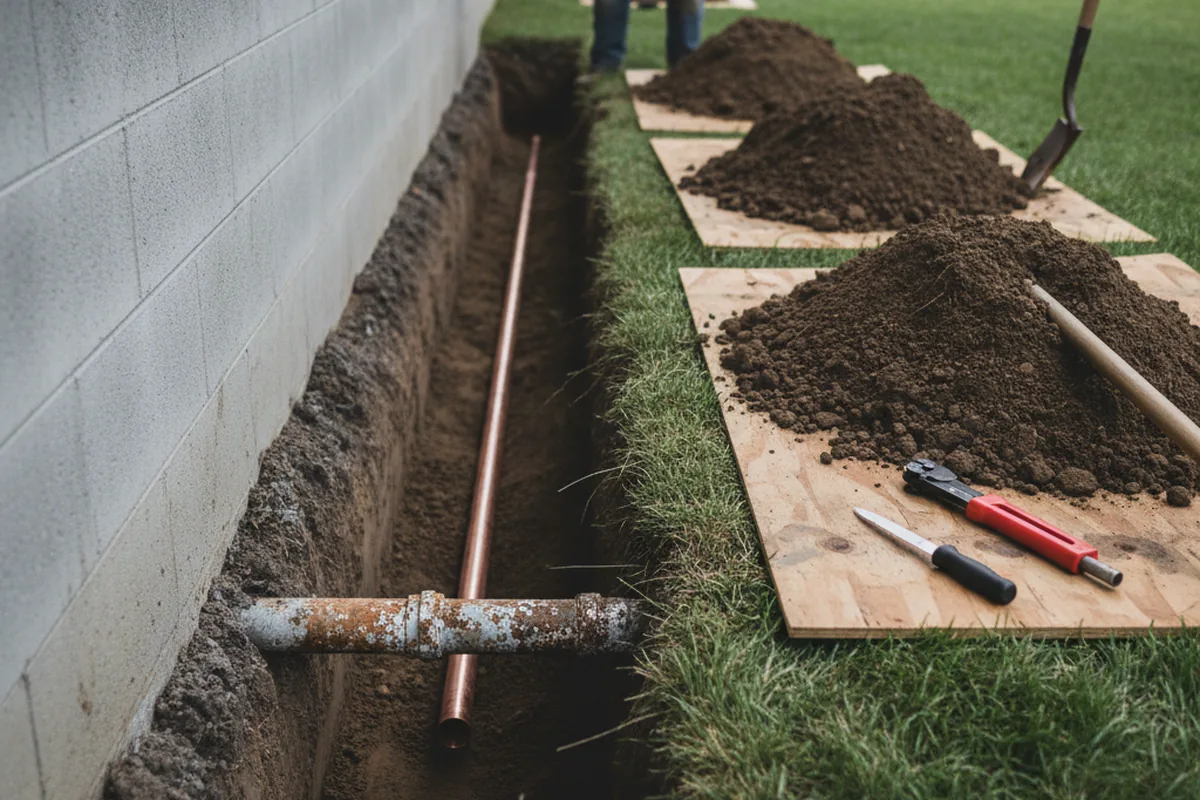 Excavated water line trench during Water Softener Installation in Fernley